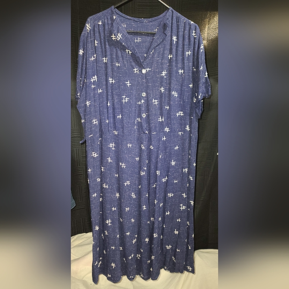 Navy Blue Button-Up Dress with White Pattern